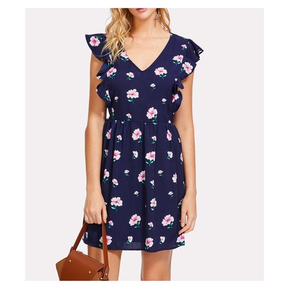 MBM Unlimited Dresses & Skirts - Blue Floral Ruffle Open Back Dress